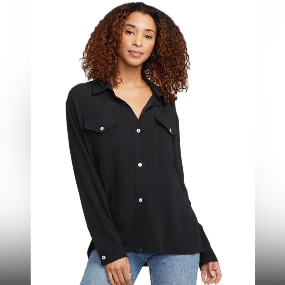 Chaser Black Button-Down Blouse Western Style Front Pockets